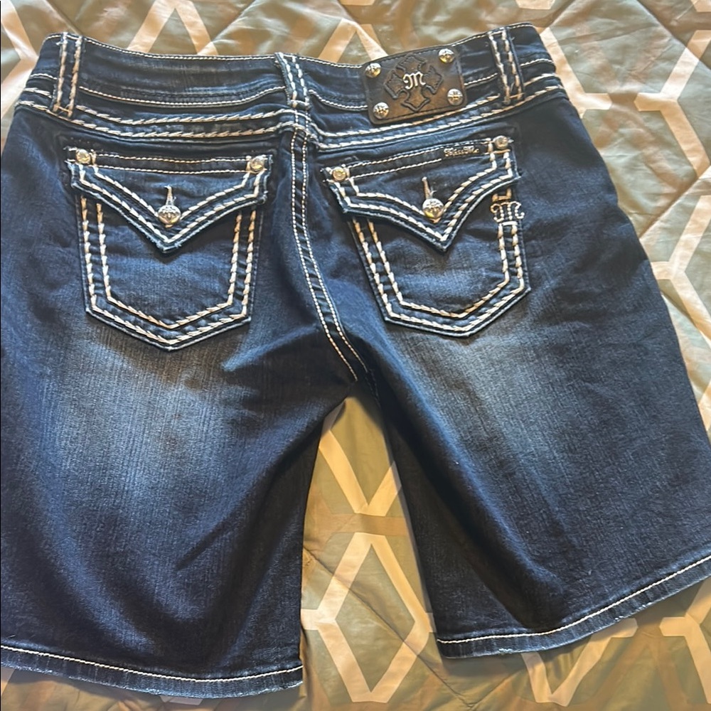 Miss Me Dark Blue Denim Shorts with White Accents